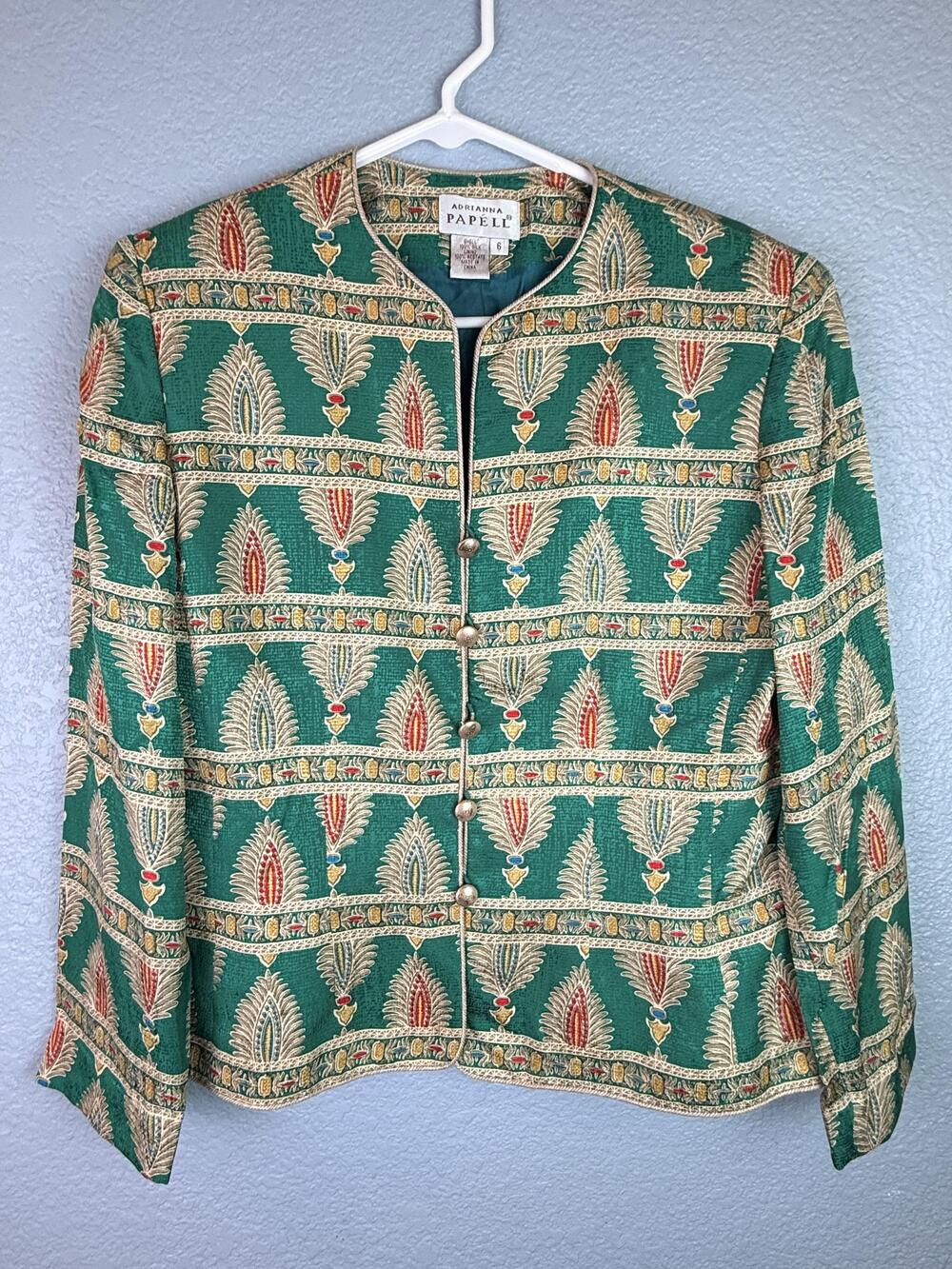 Adrianna Papell Jacket Womens 6 Green Silk Geometric Print Button Lined Boho